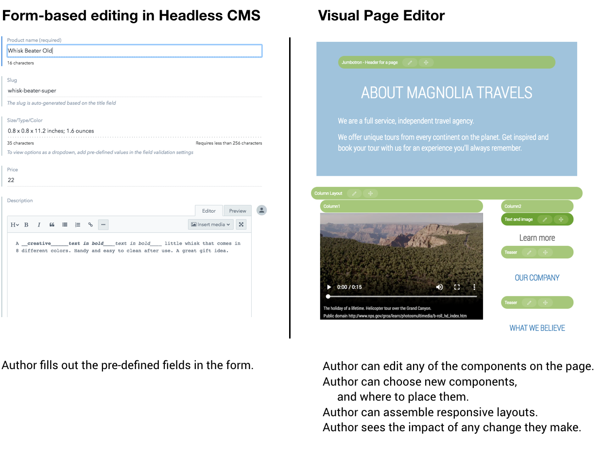 Comparing form-based editing to a Visual Page Editor.
