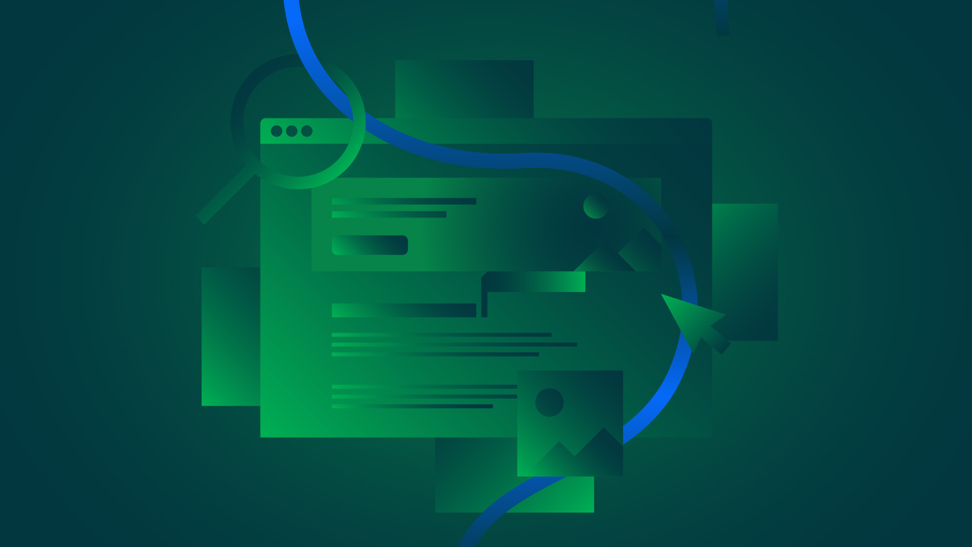 Abstract digital illustration featuring green overlapping rectangles, blue curved lines, and browser window icons, creating a tech-themed, futuristic design on a dark background.