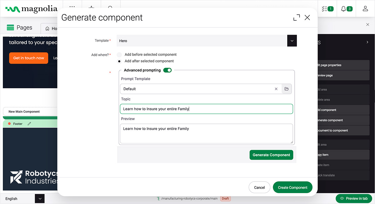 Magnolia DXP - Robotycs Industries - Generate component